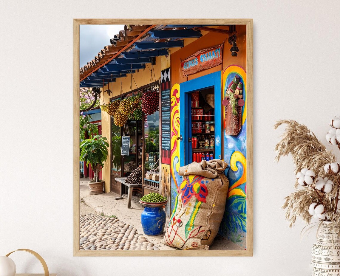 Colorful Colombian Coffee Shop Scene, Cafe Ambiance