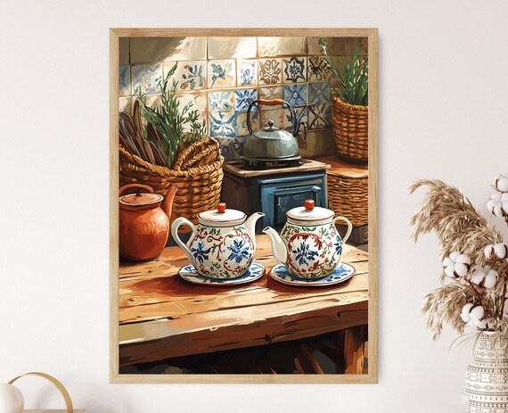 Ukrainian Tea Set Art Print Village Kitchen Decor Poster