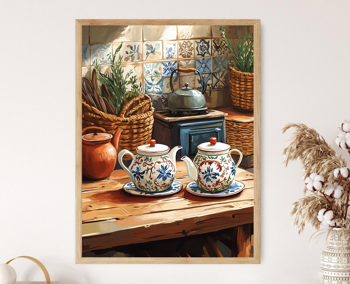Ukrainian Tea Set Art Print Village Kitchen Decor Poster
