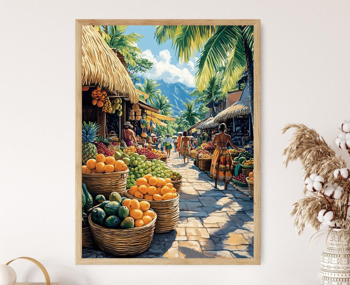Tahitian Fruit Market Illustration Polynesian Craft Art Print Cultural Decor