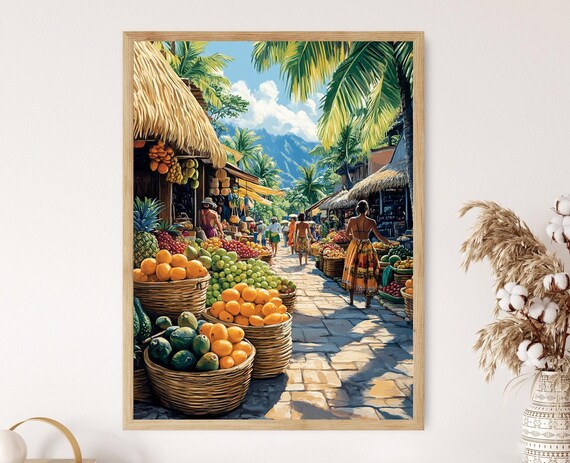 Tahitian Fruit Market Illustration Polynesian Craft Art Print Cultural Decor