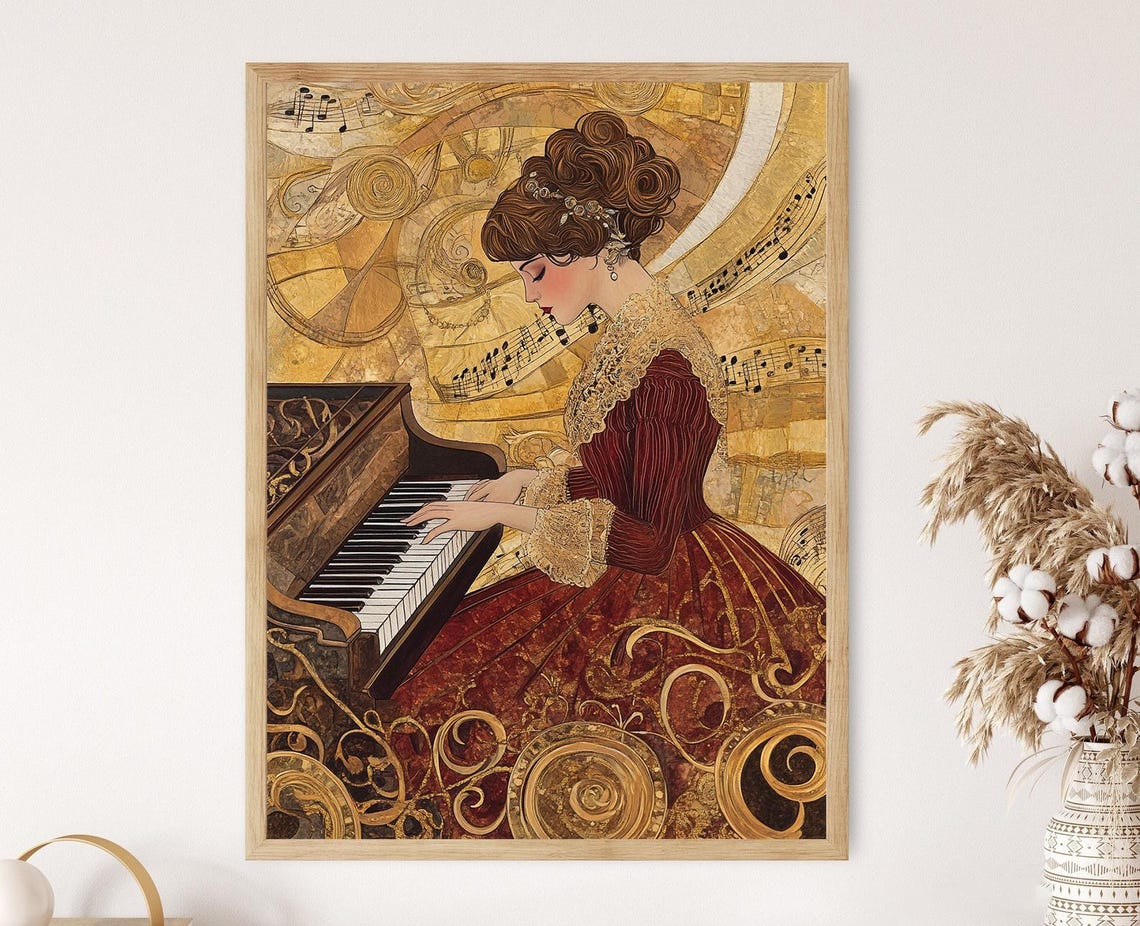 Klimt Inspired Music Art Print Woman Playing Piano Golden Musical Notes