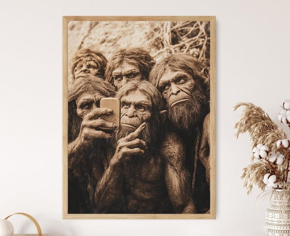 Neanderthales Taking Selfie Art Print Funny History Poster