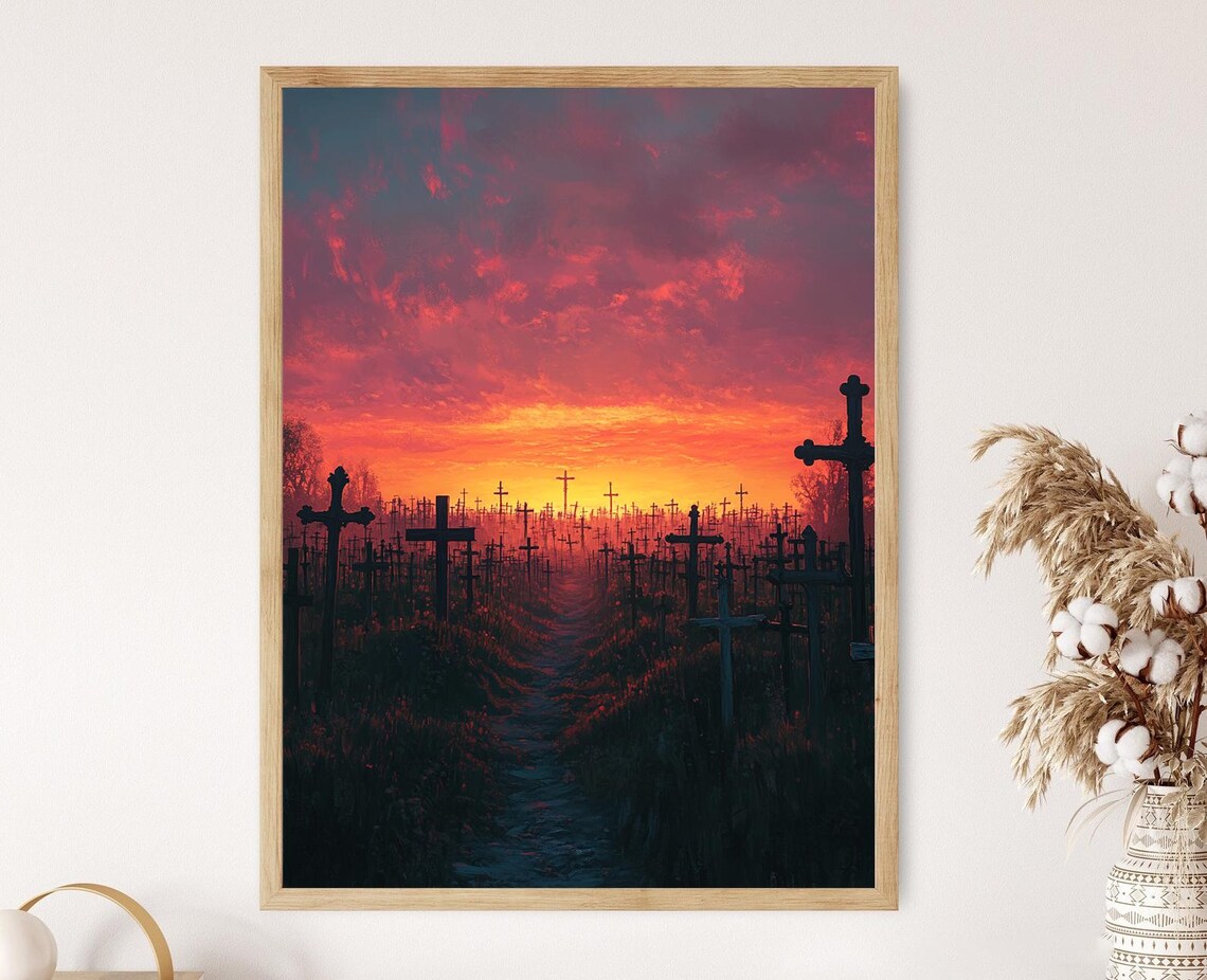 Hill Of Crosses Lithuania Illustration Sunrise And Cultural Heritage Art Print