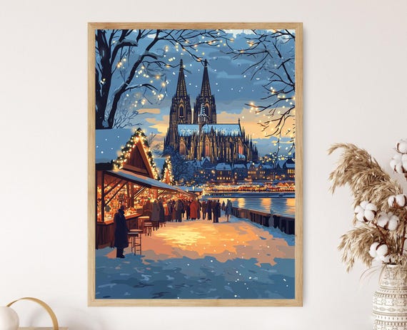 Cologne Winter Cathedral Art Print Snowy Germany Decor Festive Market Wall Art
