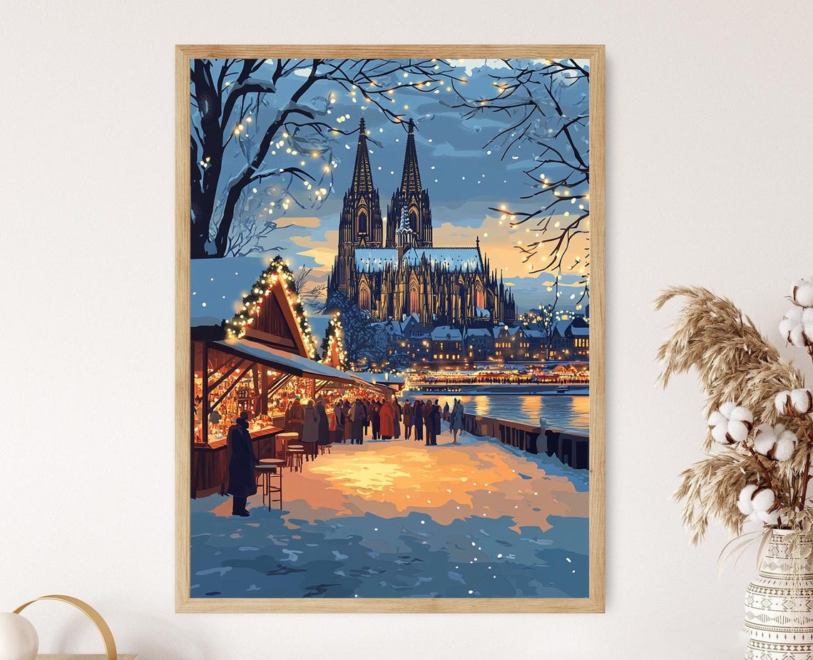 Cologne Winter Cathedral Art Print Snowy Germany Decor Festive Market Wall Art