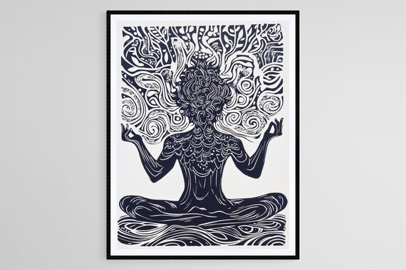 Meditating Woman in Lotus Pose Mindfulness Linocut Art Poster