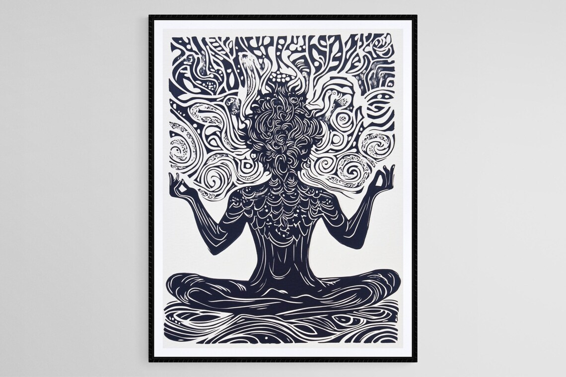 Meditating Woman in Lotus Pose Mindfulness Linocut Art Poster