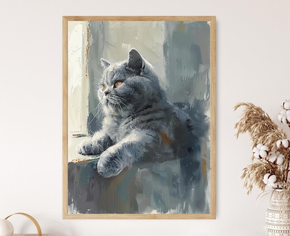 Grey British Shorthair Cat Resting on Windowsill Painting Poster