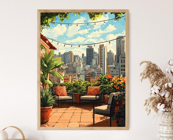 Sunny Sao Paulo Rooftop Patio with City Skyline Illustration Poster