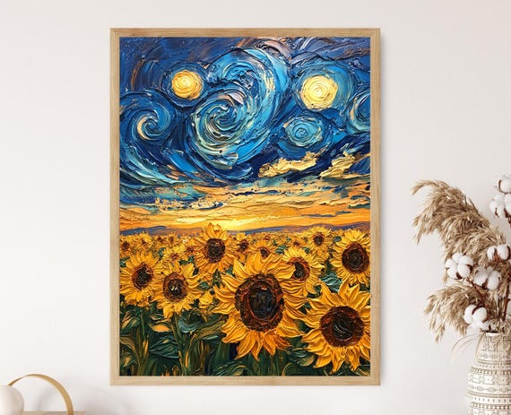 Sunflower Field at Sunset, Van Gogh-Inspired Art Print