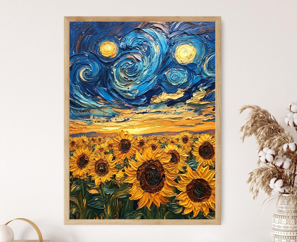 Sunflower Field at Sunset, Van Gogh-Inspired Art Print