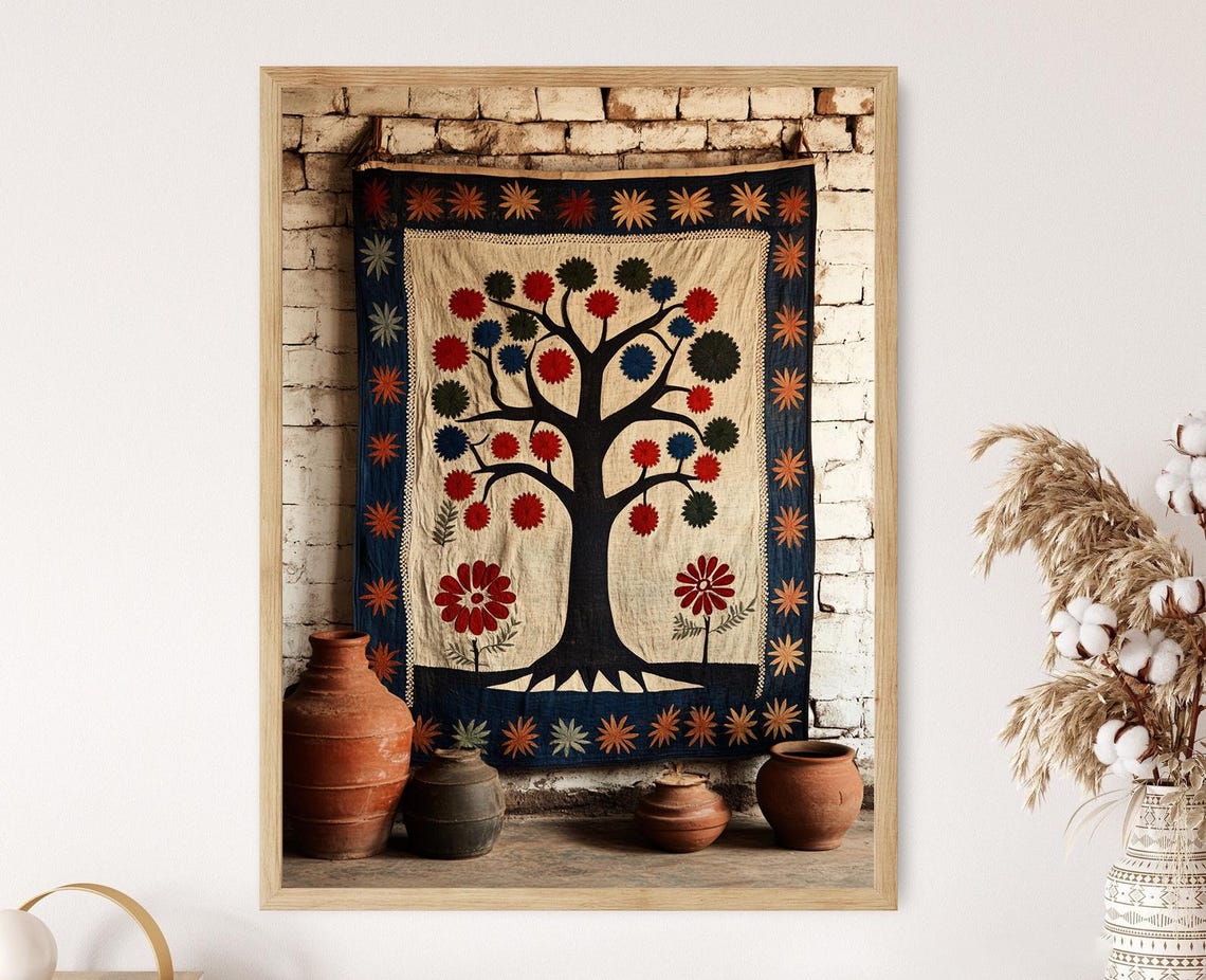 Bengal Kantha Wall Hanging Art Print Tree Of Life Embroidery Poster