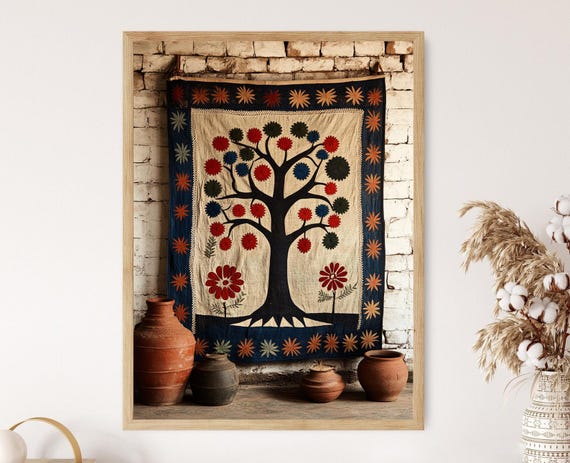 Bengal Kantha Wall Hanging Art Print Tree Of Life Embroidery Poster