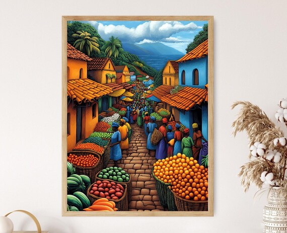 Sierra Leone Marketplace Illustration Colorful Farm Market Painting African Fruit Art Wall Art For Kitchen African Restaurant Decor