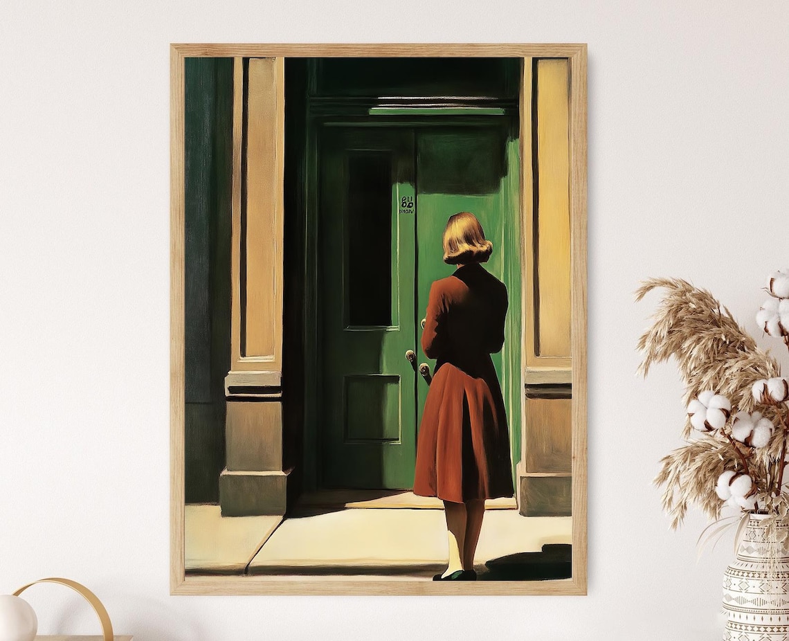 Woman at Green Door Edward Hopper Inspired Urban Scene Poster