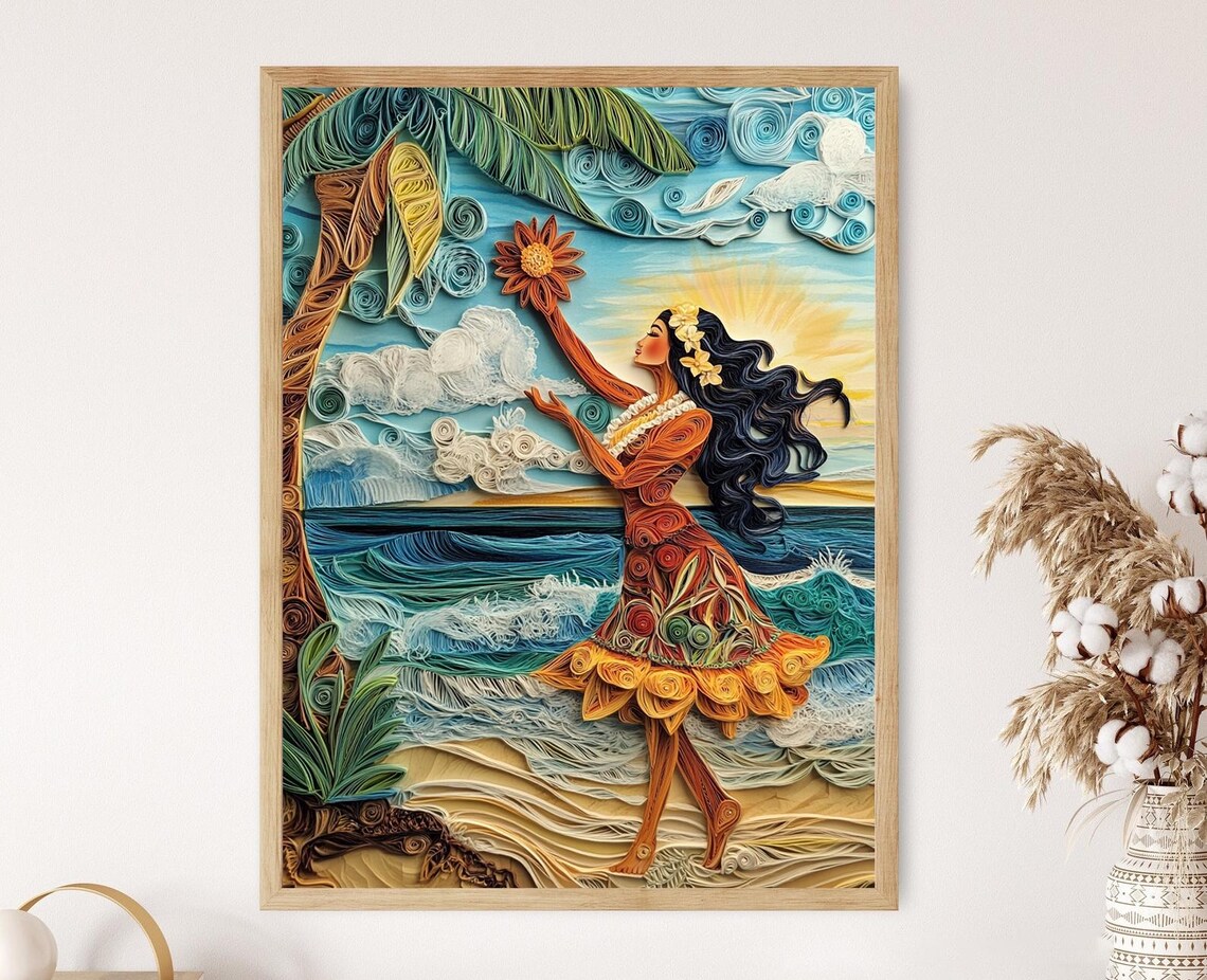 Hilo Island Hula Dancer Illustration, Tropical Hawaii