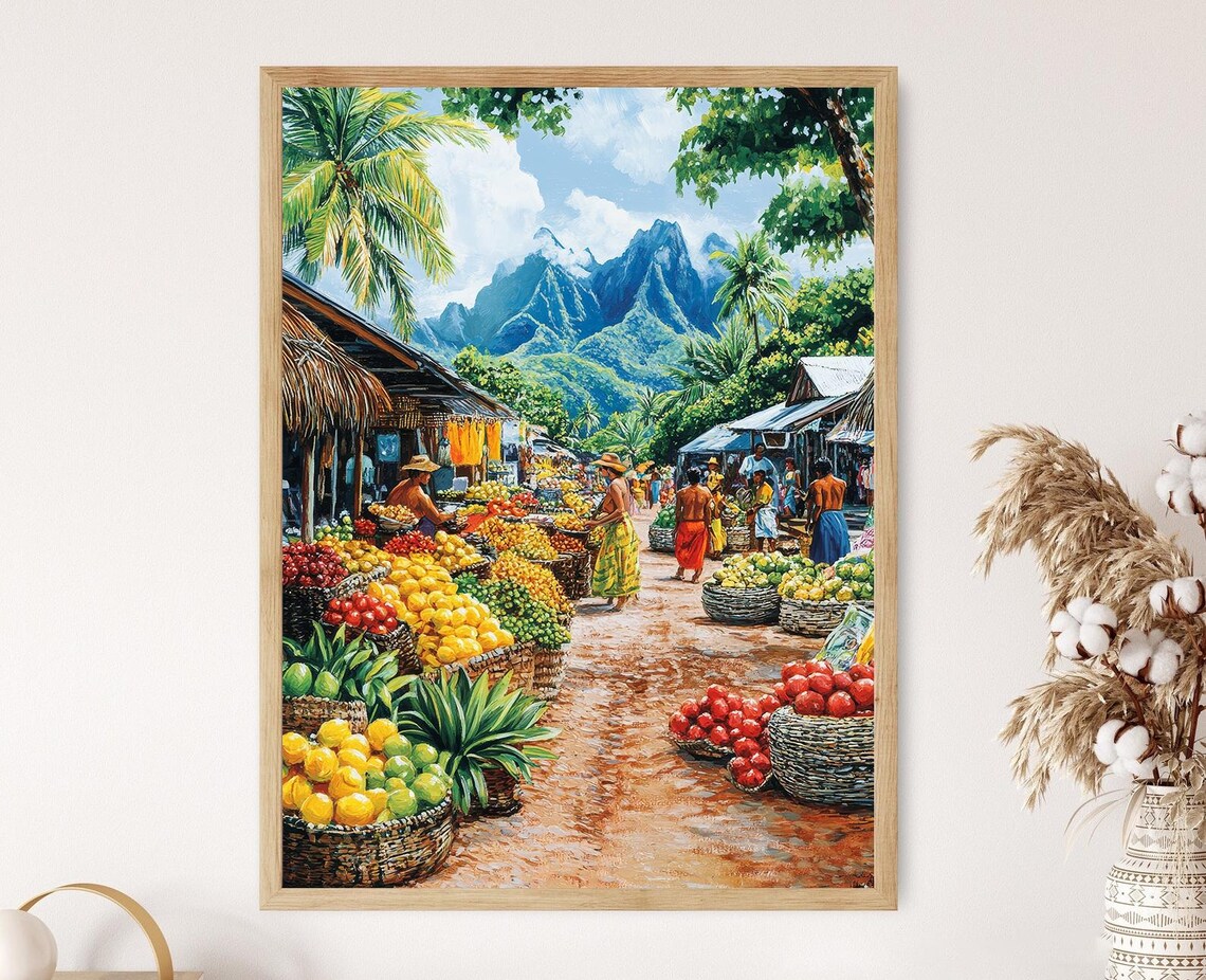 Fijian Marketplace Art Print, Island Market Scene