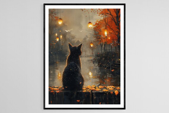 Black Cat Watching Glowing Paper Lanterns Misty Autumn Night Poster