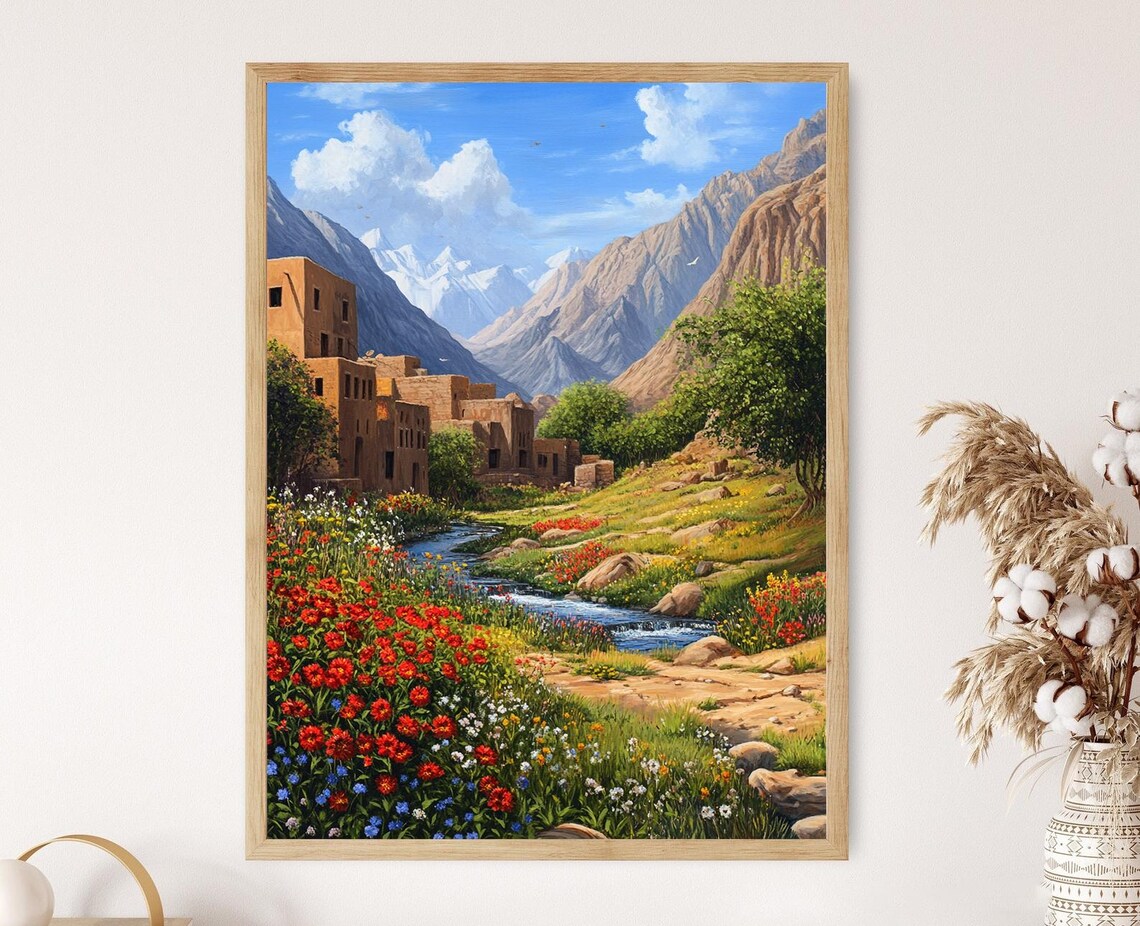 Iraqi Village Art Print, Wildflowers And Mountains