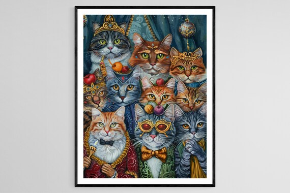 Ten Cats at a Masquerade Ball Wearing Crowns and Masks Poster