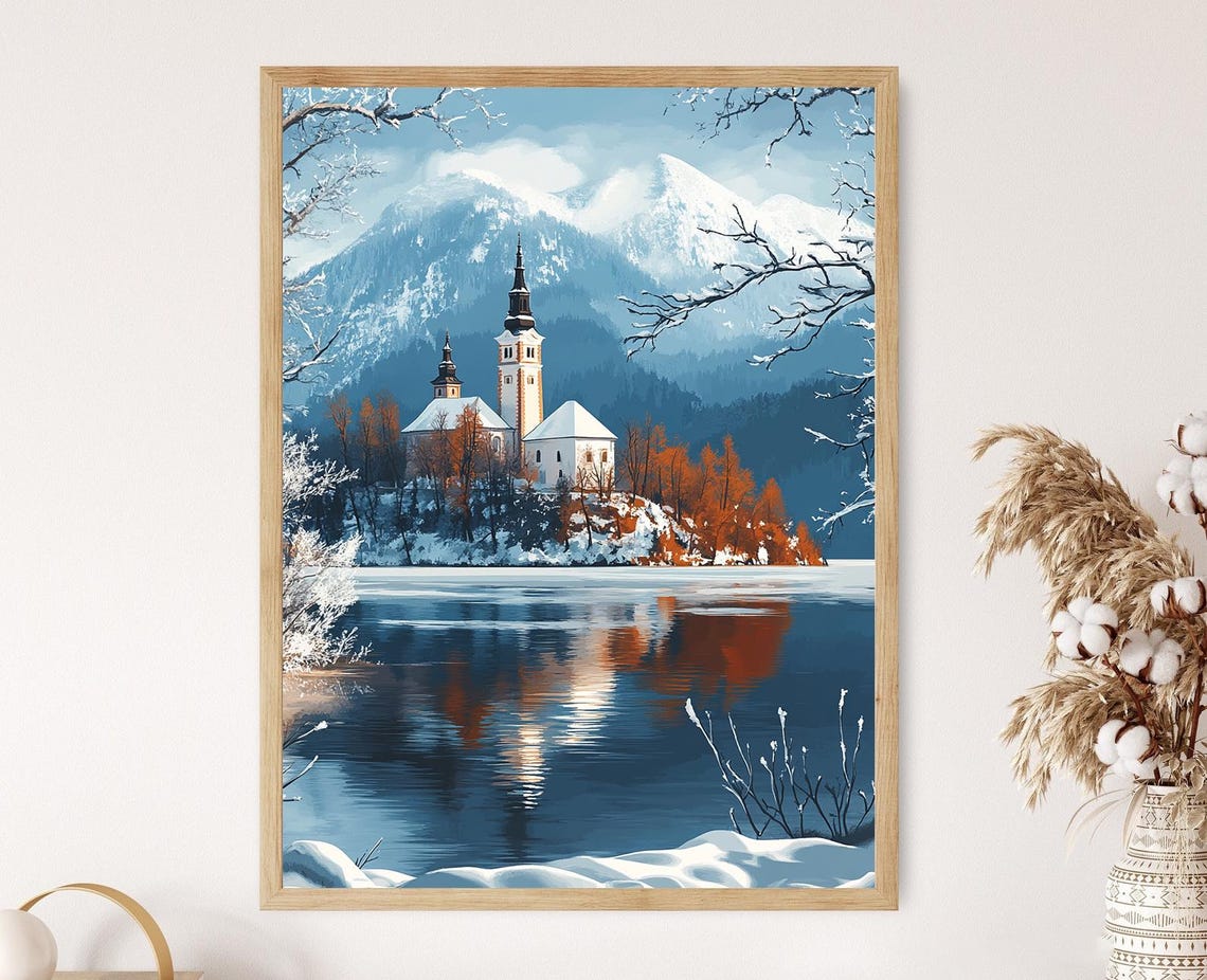 Lake Bled Winter Art Print Snowy Slovenia Decor Frozen Lake Landscape Wall Art