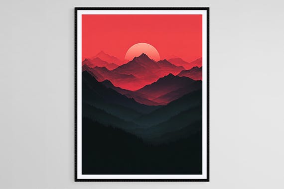 Red Sunset Over Dark Mountain Ranges Minimalist Landscape Art Print