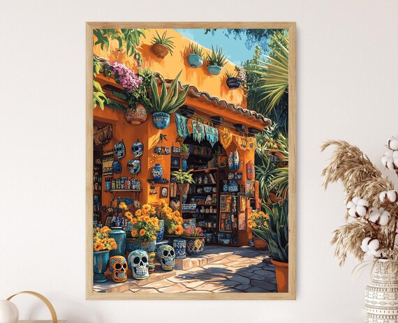 Mexican Craft Shop With Calaveras and Golden Marigolds Poster