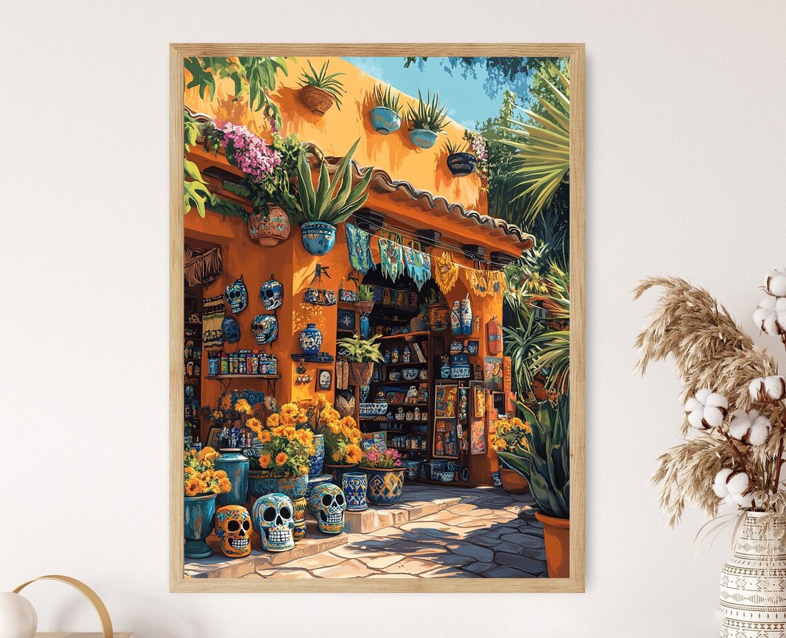 Mexican Craft Shop With Calaveras and Golden Marigolds Poster