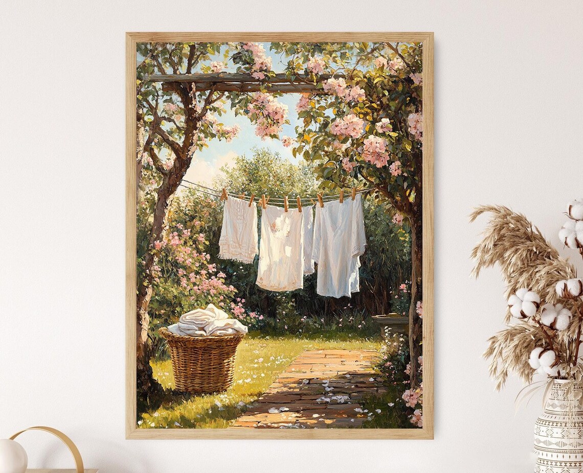 Cottagecore Laundry Line Flower Garden Art Print