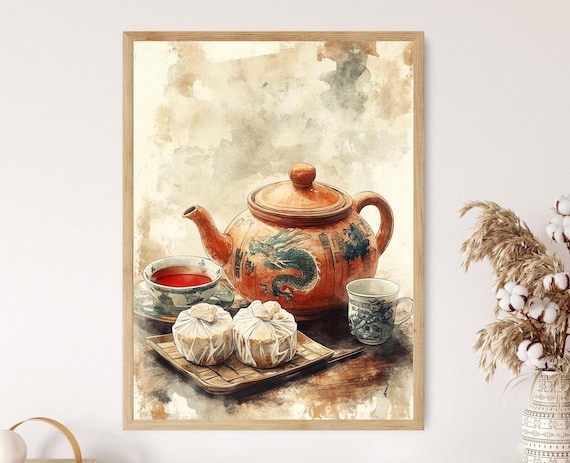 Pu Erh Tea Art Print Clay Pot With Dragon Motifs And Tea Cakes