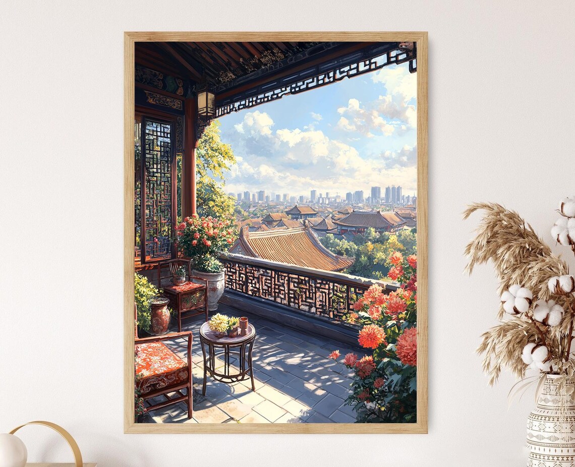 Beijing Rooftop Patio, Chinese Lattice Screen Art Print