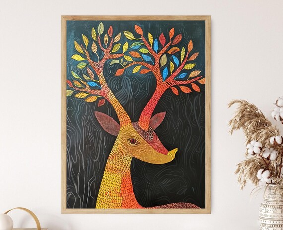Gond Art Deer with Tree Antlers Tribal Folk Art Painting Poster