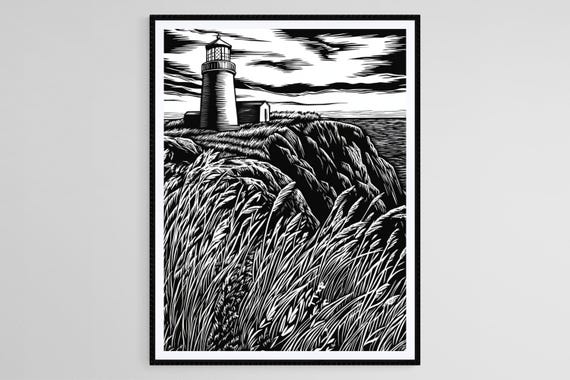 Lighthouse Linocut Print Coastal Scene With Grass Blades Handcrafted Art