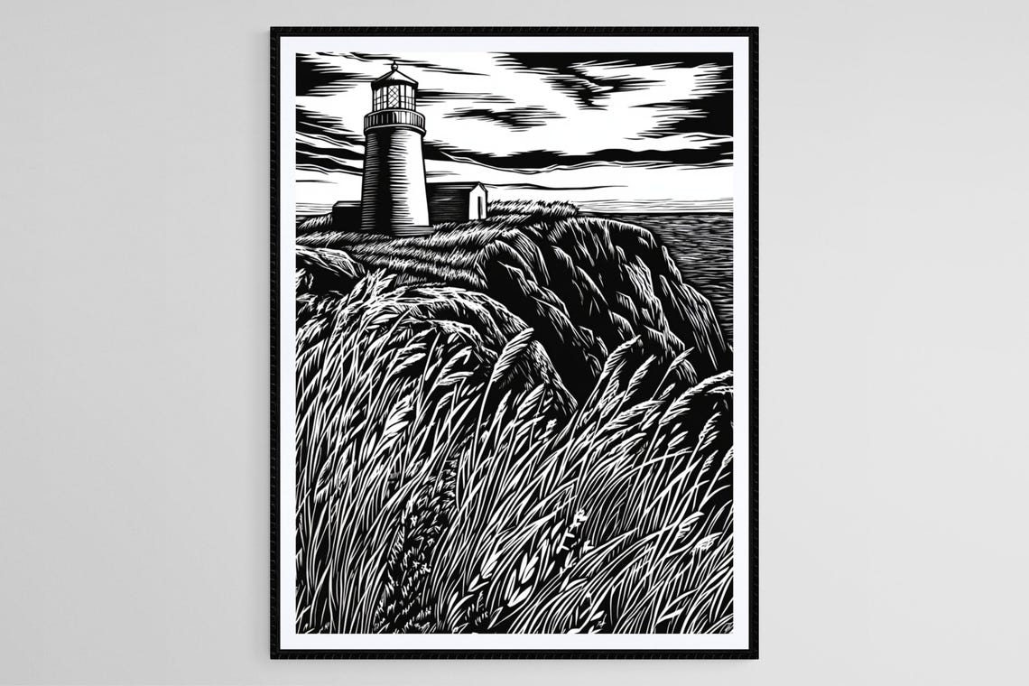 Lighthouse Linocut Print Coastal Scene With Grass Blades Handcrafted Art