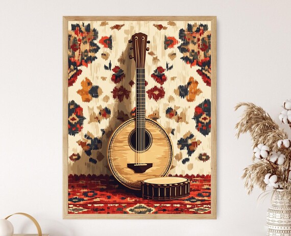Round-Bodied Balkan Folk Lute With Drum On Woven Kilim Art Poster