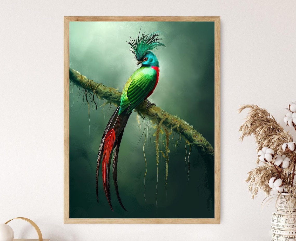 Elegant Quetzal Bird, Tropical Habitat Art Print