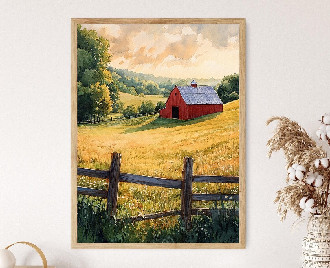 Rustic Indiana Barn Rolling Hills Watercolor Art Print