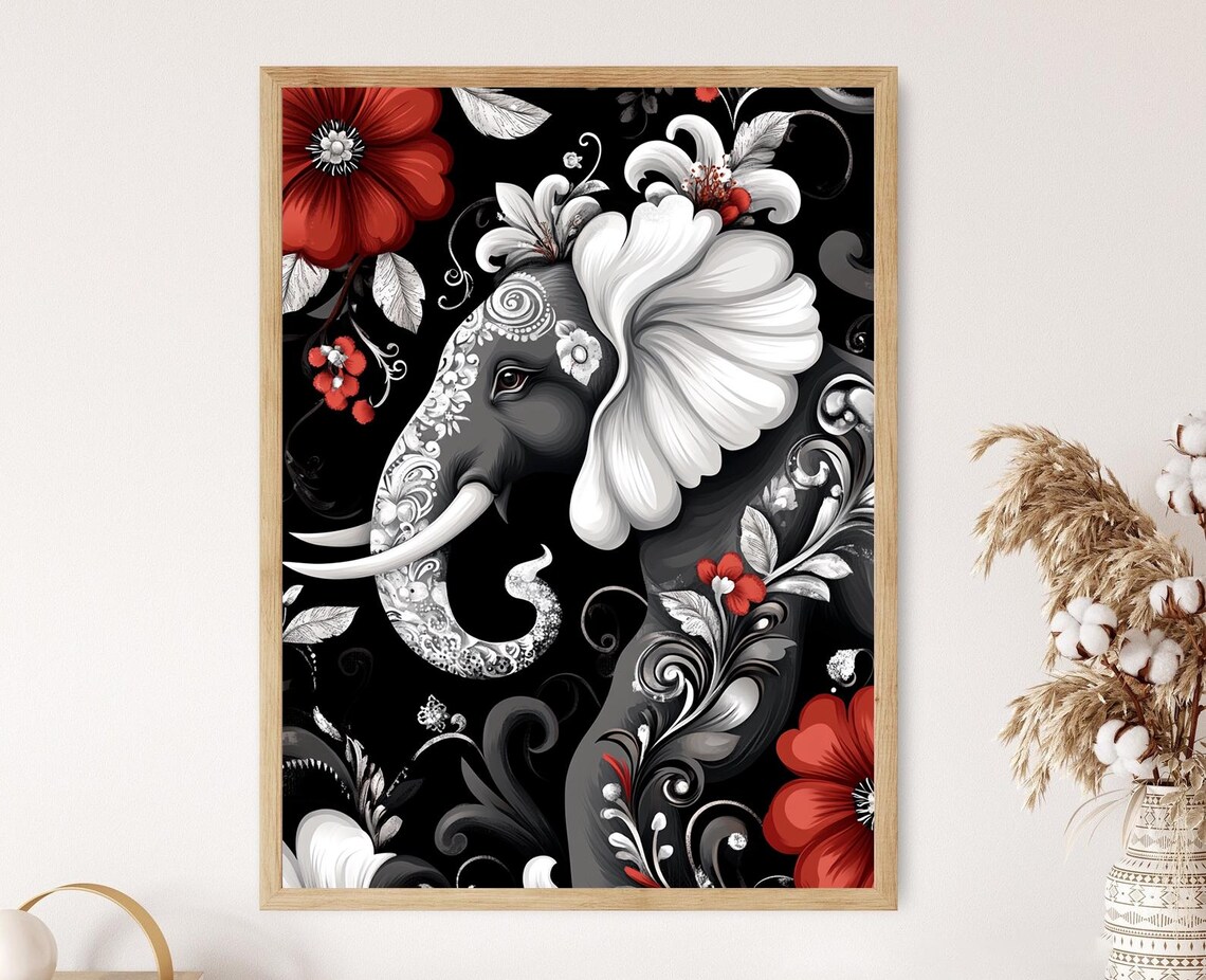 Decorated Elephant Head with Floral Mandala Indian Art Poster
