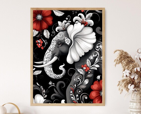 Decorated Elephant Head with Floral Mandala Indian Art Poster