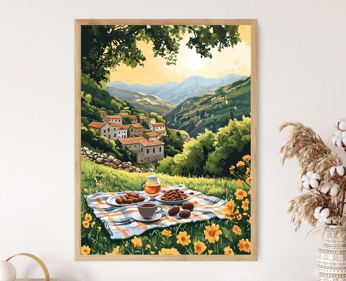 Amedi Hilltop Town Village Picnic Meadow Mountain View Poster