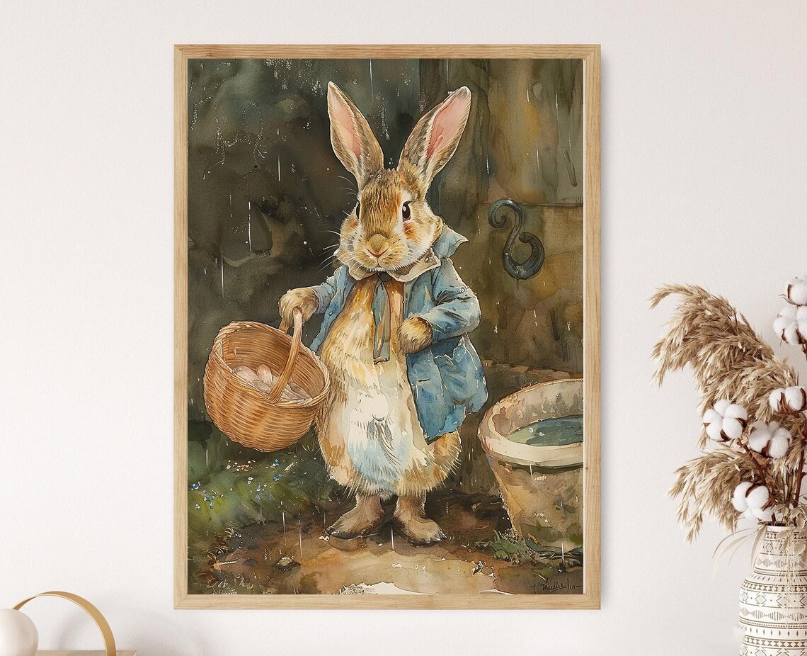 Storybook Bunny In Blue Jacket Carrying Garden Basket Art Poster