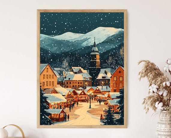 Brasov Winter Town Square Art Print Snowy Romania Decor Carpathian Mountain Wall Art
