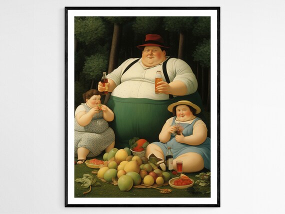 Whimsical Plump Family Picnic With Basket Of Fresh Fruit Art Poster