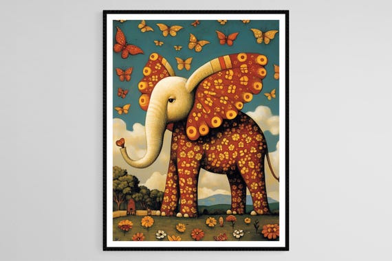 Whimsical Elephant And Butterflies Art Print Vibrant Floral Fantasy Playful Animal Decor Surreal Nursery Art
