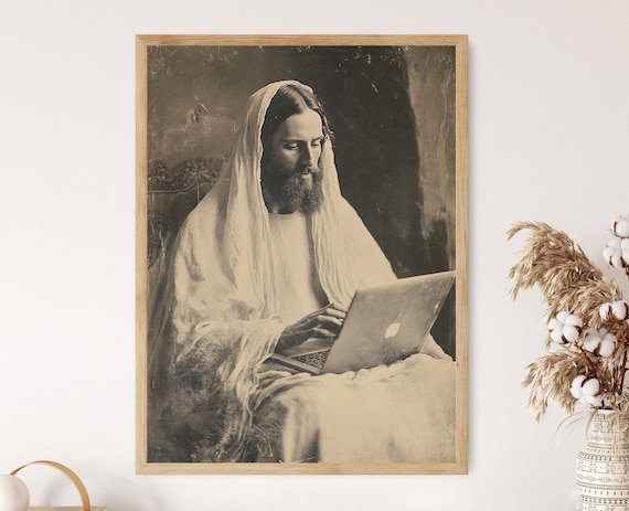 Jesus Using Laptop Computer Sepia Vintage Style Humor Art Poster