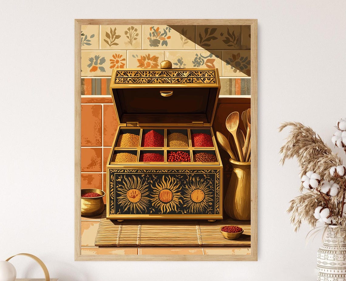 Indian Brass Masala Dabba Art Print Warli Motif Kitchen Ornament Traditional Spice Decor