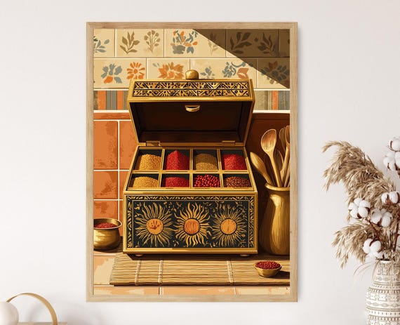 Indian Brass Masala Dabba Art Print Warli Motif Kitchen Ornament Traditional Spice Decor