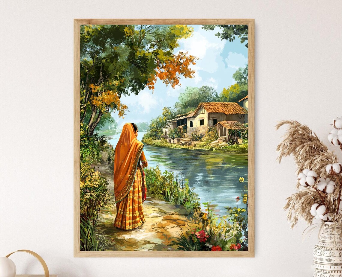 Bengali Woman By The River Art Print, Village Wall Decor