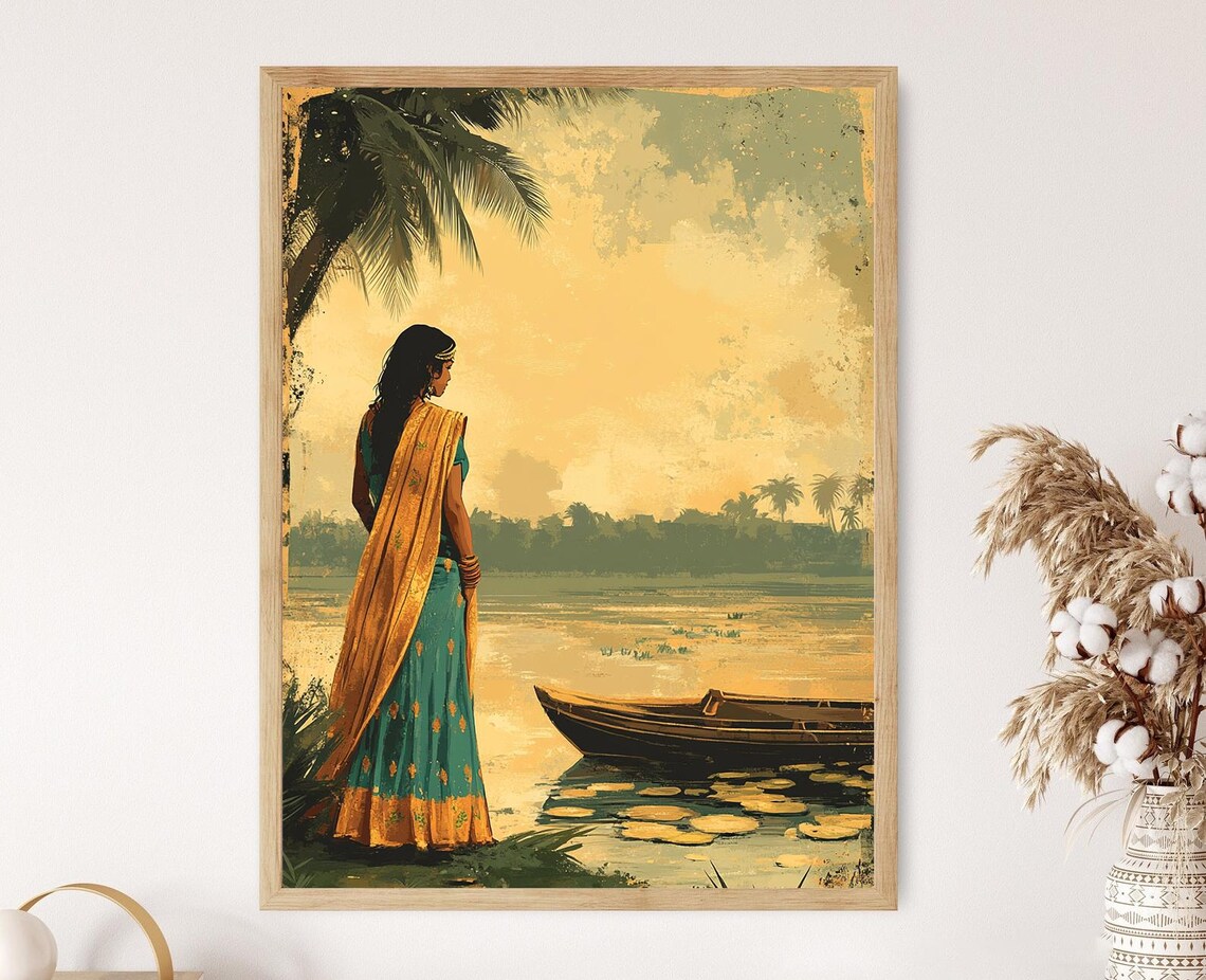 Bengali Woman in Teal Gold Saree by Wooden River Boat Vintage Poster
